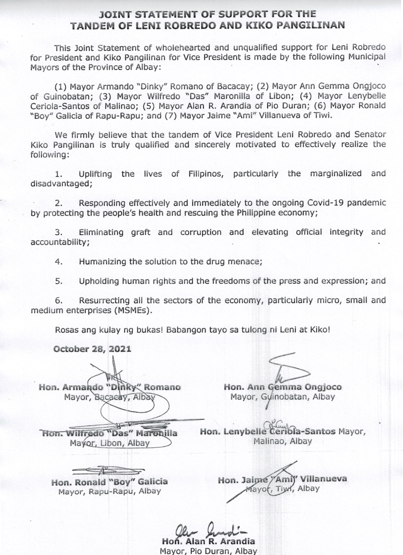 20211031 joint statement albay municipal mayors